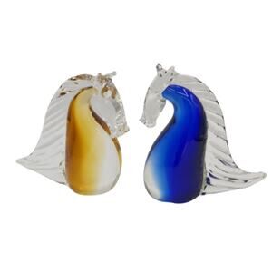 Vintage Glass Horse Bust Set of 2 Amber & Blue Figurines Home Decor